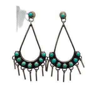 Vintage Zuni Snake Eye Turquoise Dangle Chandelier Earrings Sterling Silver